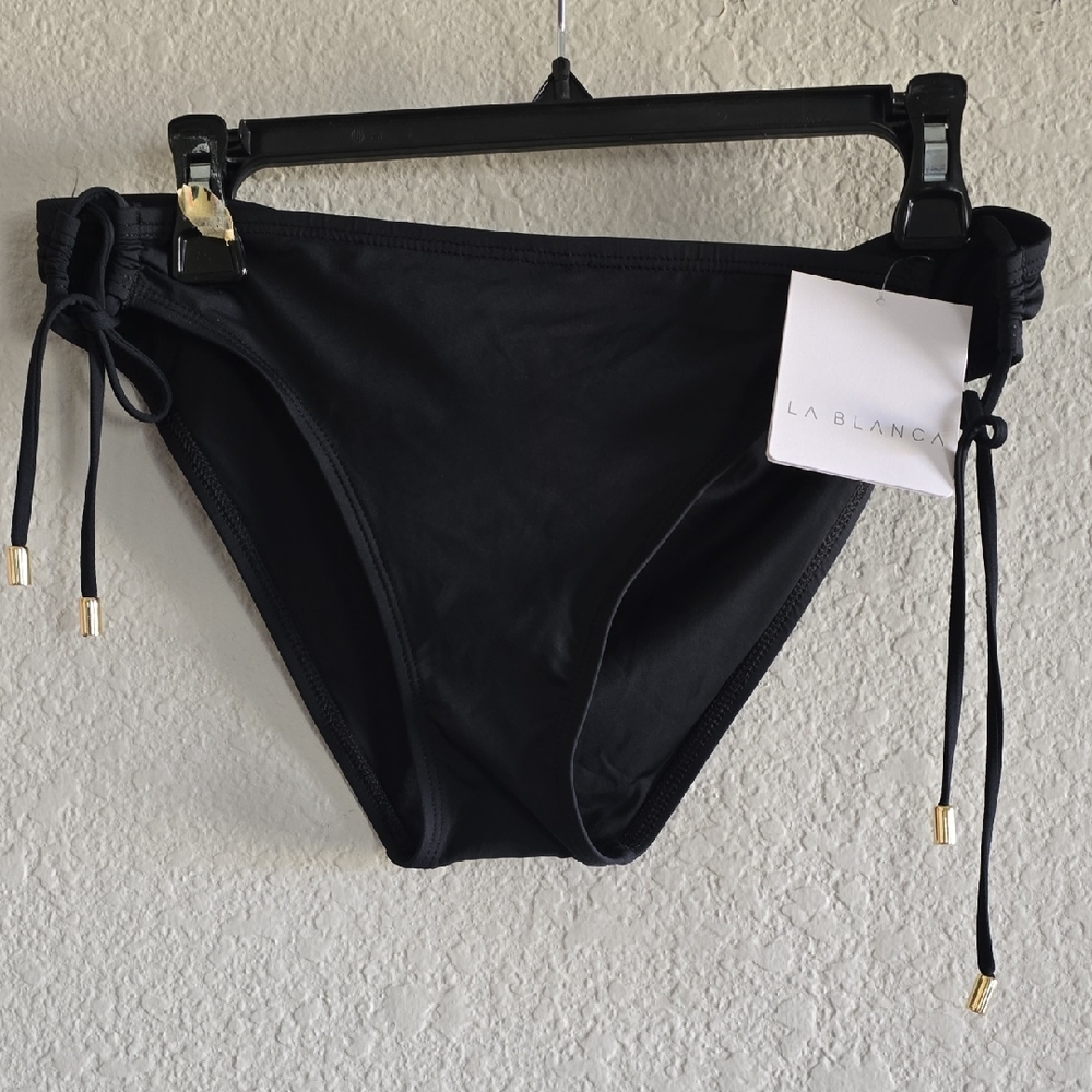 La Blanca Black Side-Tie Bikini Bottoms with Gold-Tone Tips